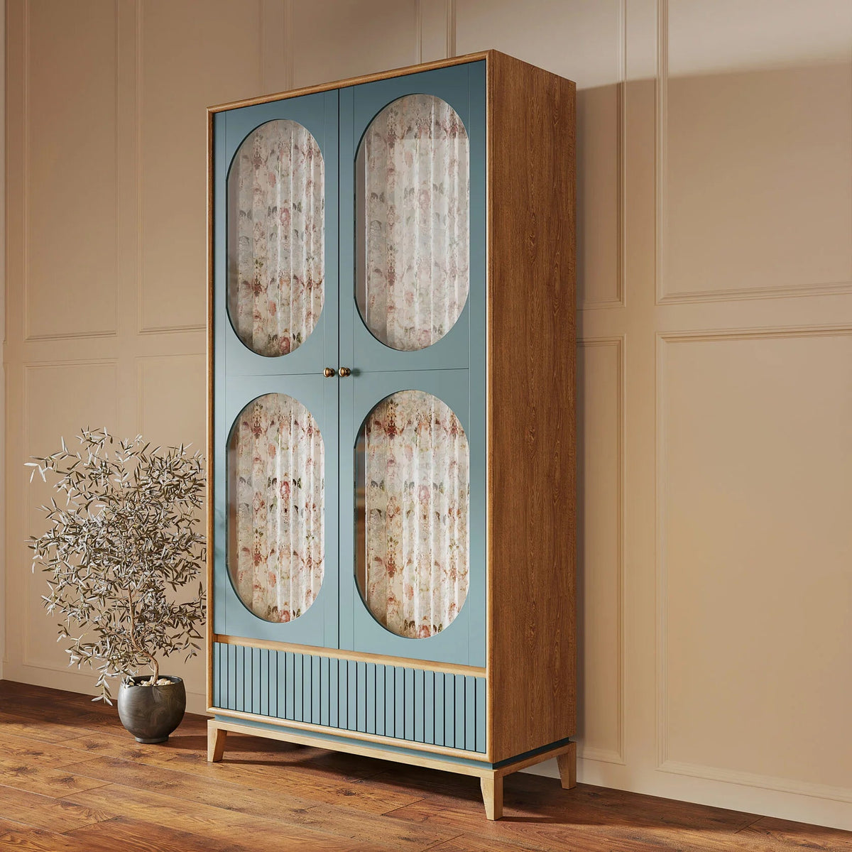 Modern 2 Door Wooden Wardrobe with Floral Fabric Panels | Premium Blue Bedroom Almirah | Scandinavian Storage Cabinet OUCH CART