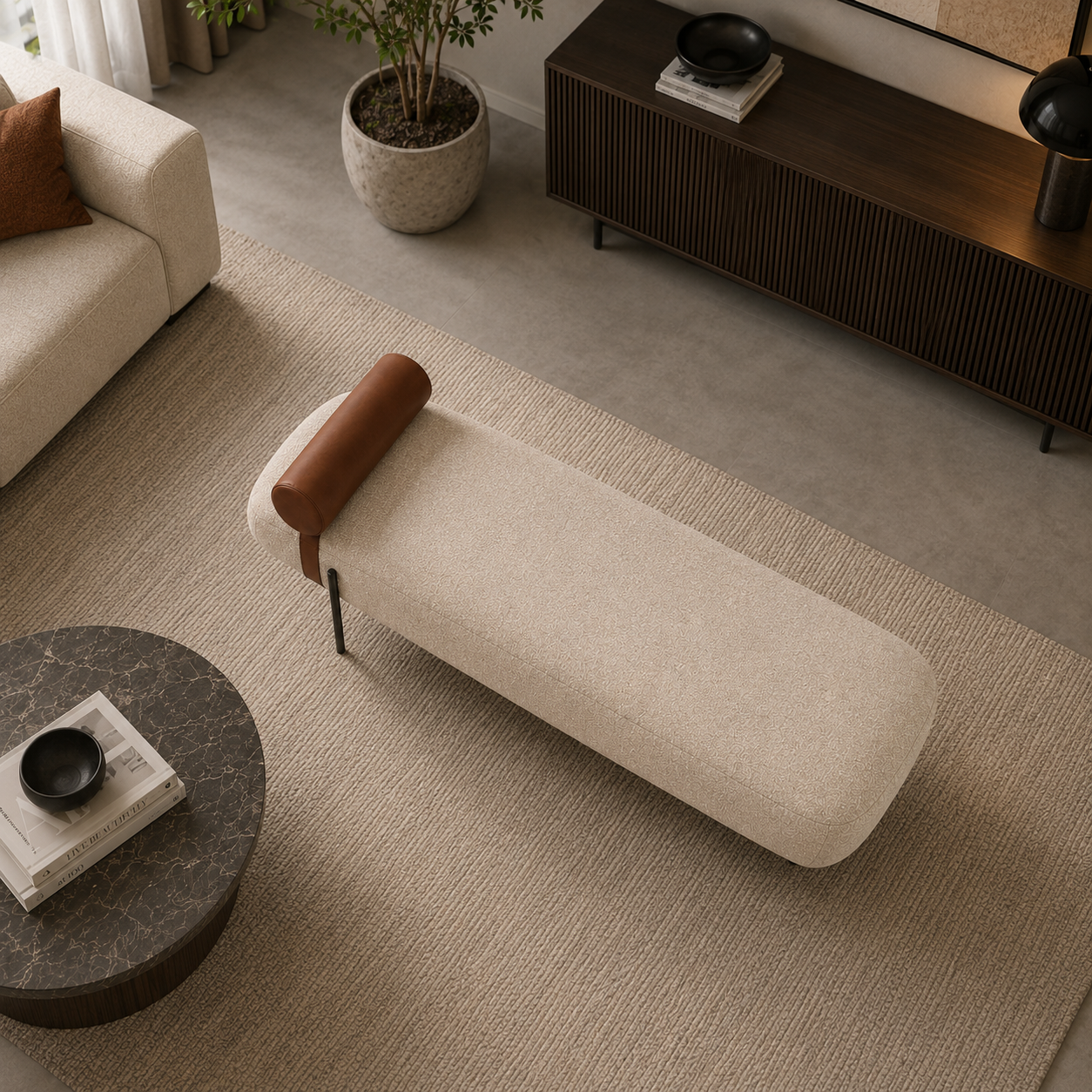 Modern Upholstered Bench with Leather Bolster Pillow | Luxury Bouclé Fabric Accent Bench