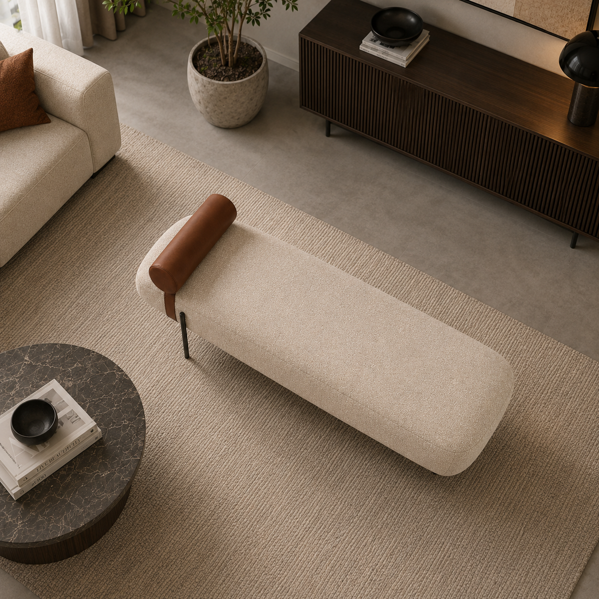 Modern Upholstered Bench with Leatherite Bolster Pillow | Luxury Bouclé Fabric Accent Bench OUCH CART