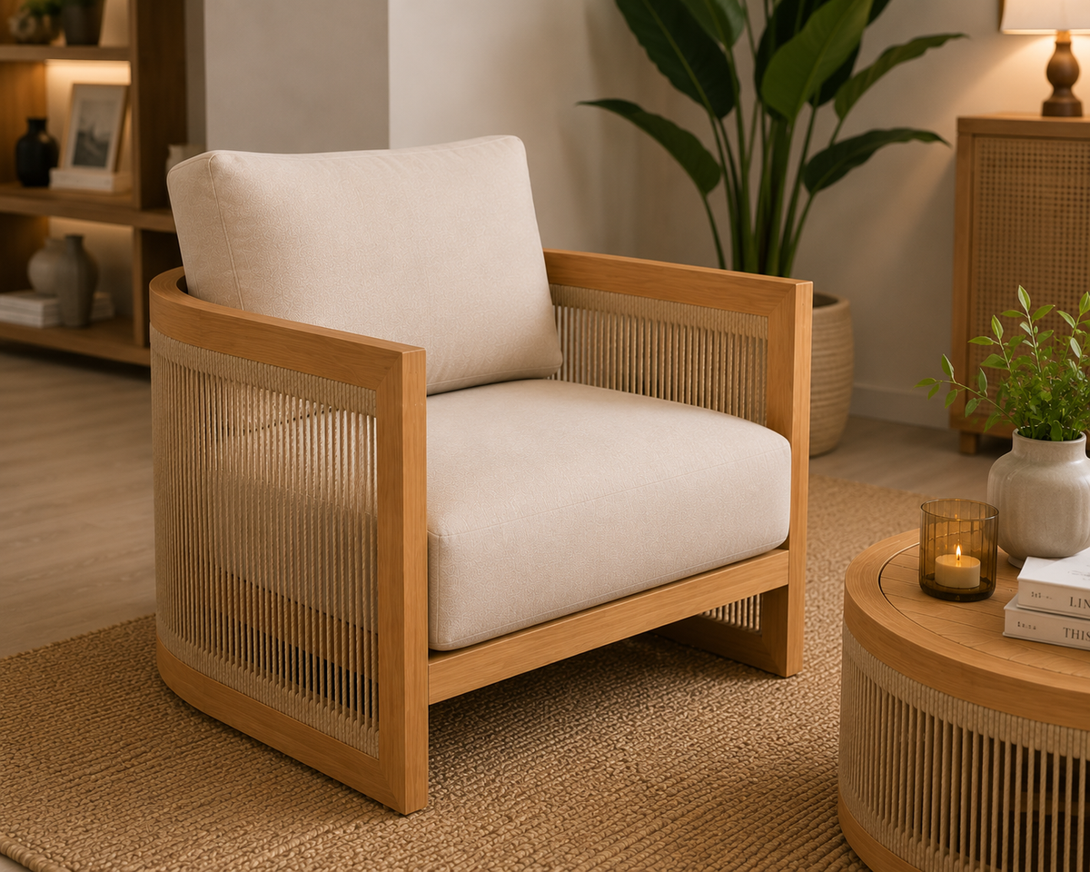 Modern Wooden Cane Accent Chair | Solid Wood Single Seater Sofa | Upholstered Lounge Chair for Living Room OUCH CART