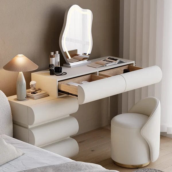Lukas Modern White Makeup Vanity Set PU Leather Dressing Table with Stool & LED Mirror, Makeup Table with Drawers and Soft Cushioned Stool for Home and Bedroom, Dressing Vanity for Makeup
