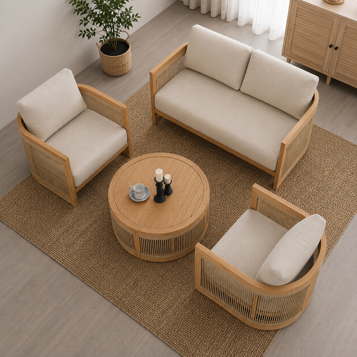 Modern Wooden Cane Accent Chair | Solid Wood Single Seater Sofa | Upholstered Lounge Chair for Living Room