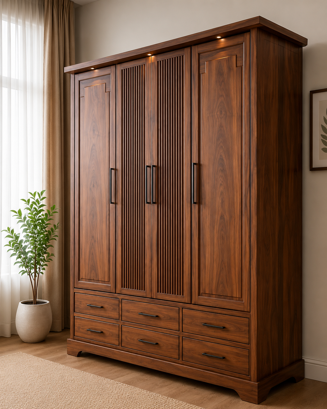 Modern 4 Door Wooden Wardrobe with 6 Storage Drawers OUCH CART
