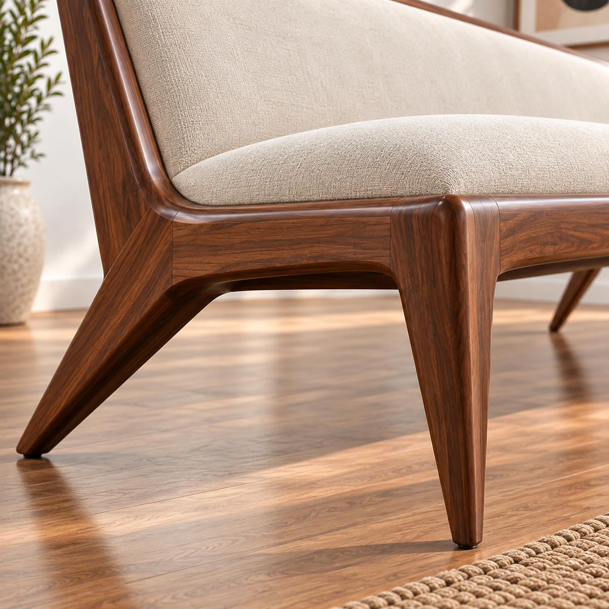 Mid-Century Modern Wooden Sofa | Solid Walnut Finish 3 Seater Sofa with Cream Upholstery & Tapered Legs for Living Room OUCH CART