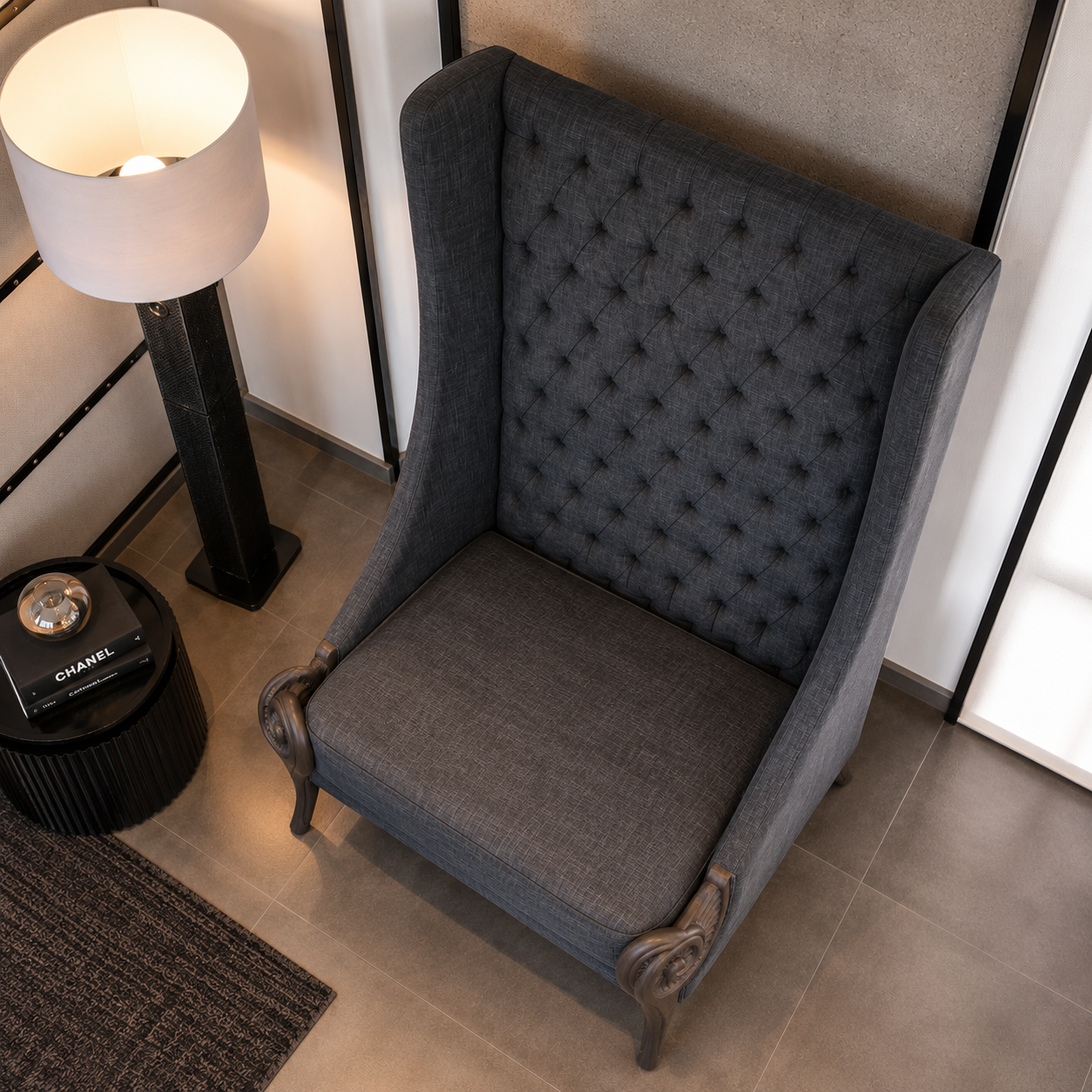 Tufted High Back Accent Chair with Carved Wooden Arms | Upholstered Living Room Lounge Chair