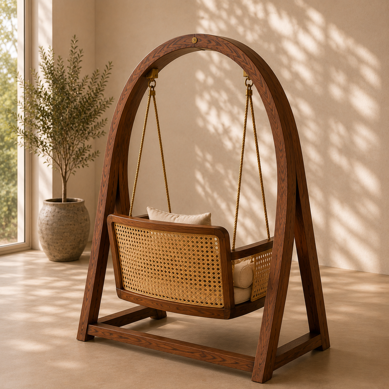 Wooden Hanging Swing Chair with Cushions – Stylish Indoor & Outdoor Lounge Swing