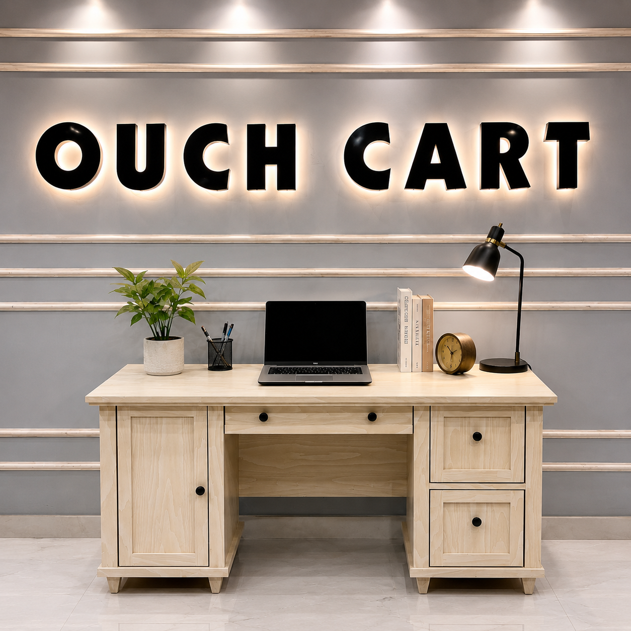 Modern Wooden Office Desk with Storage Cabinet & File Drawers Ouch Cart