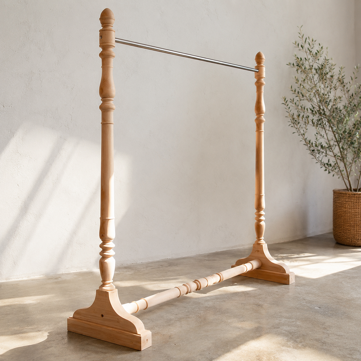 Ouch Cart Wooden Clothes Rack | Freestanding Garment Stand with Hanging Rod for Bedroom
