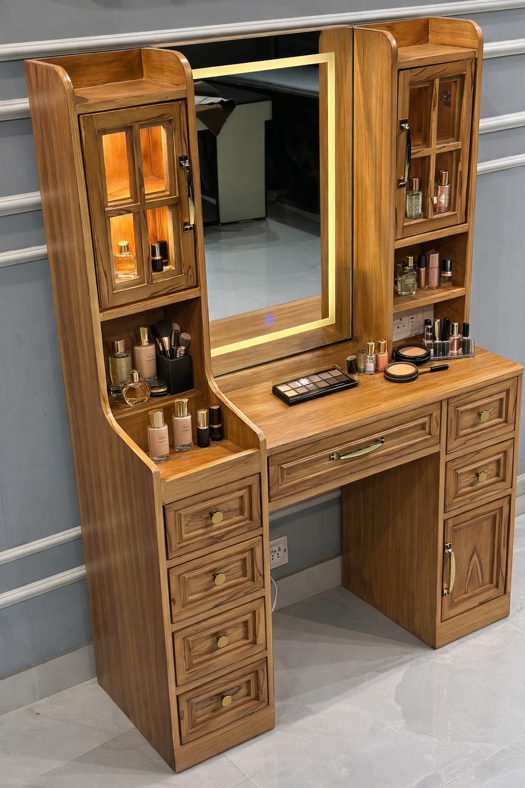 Modern Vanity Desk with 6 Drawers, Touch Control Mirror & Lights, Cabinets, Charging Station, and Hooks