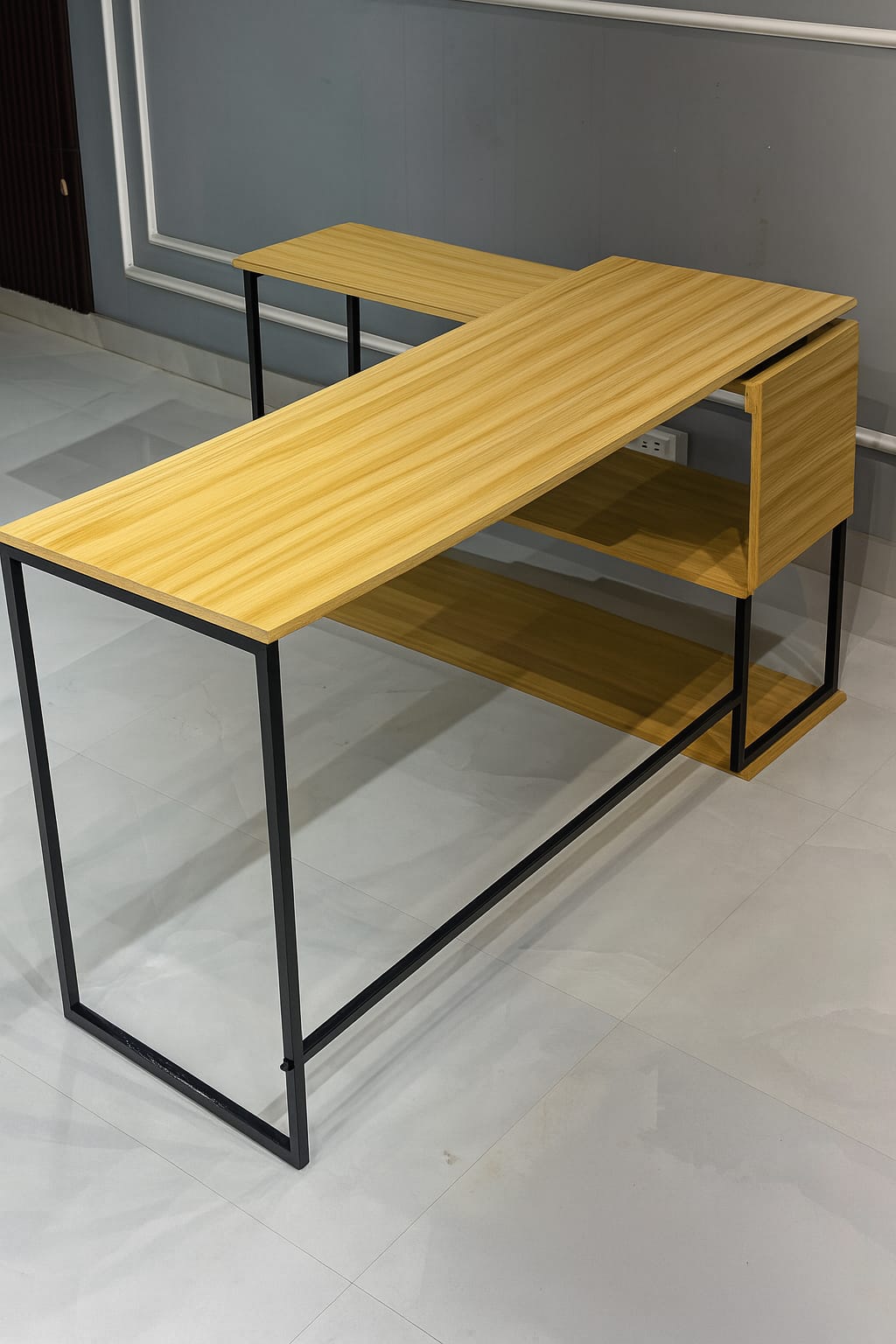 L Shaped Executive Desk with Storage Design in Wooden Color