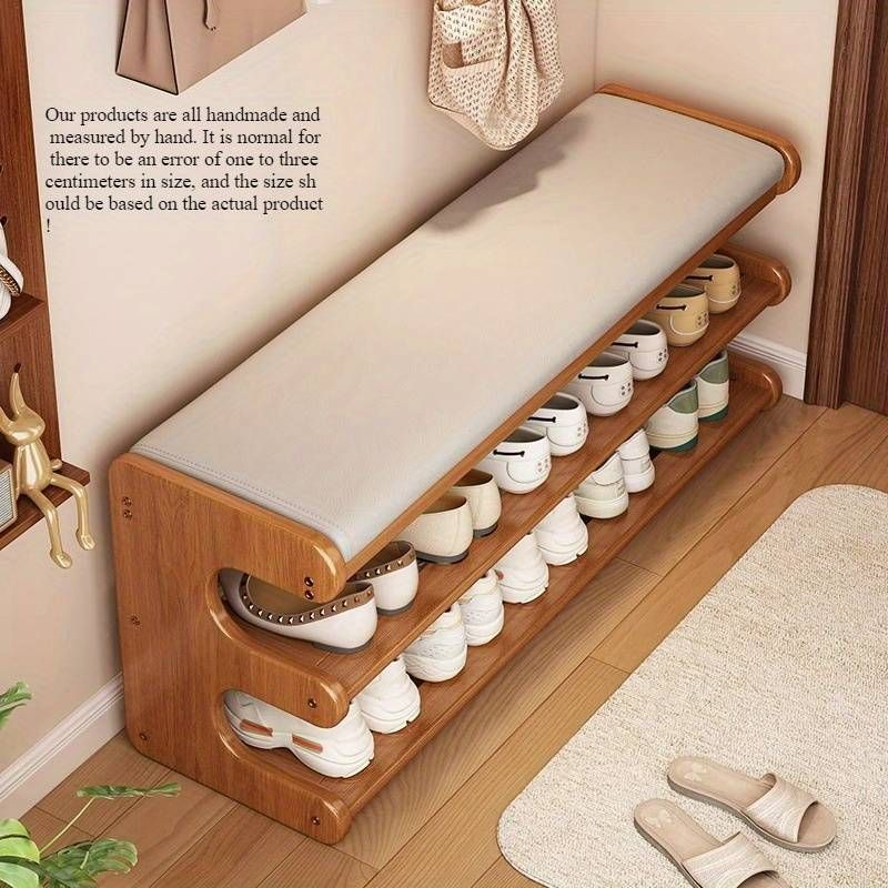Wooden Shoe Rack Bench with Cushioned Seat | 4-Tier Open Shoe Storage Organizer | Entryway Shoe Shelf for Hallway, Bedroom & Living Room OUCH CART