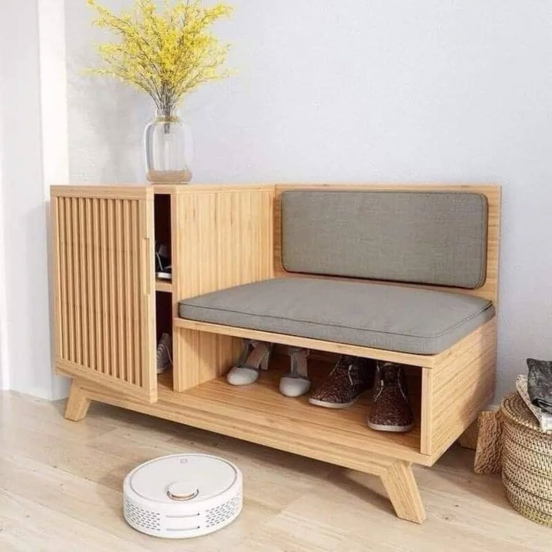 Modern Bamboo Shoe Storage Bench with Sliding Door | Entryway Shoe Organizer Cabinet with Cushioned Seat OUCH CART