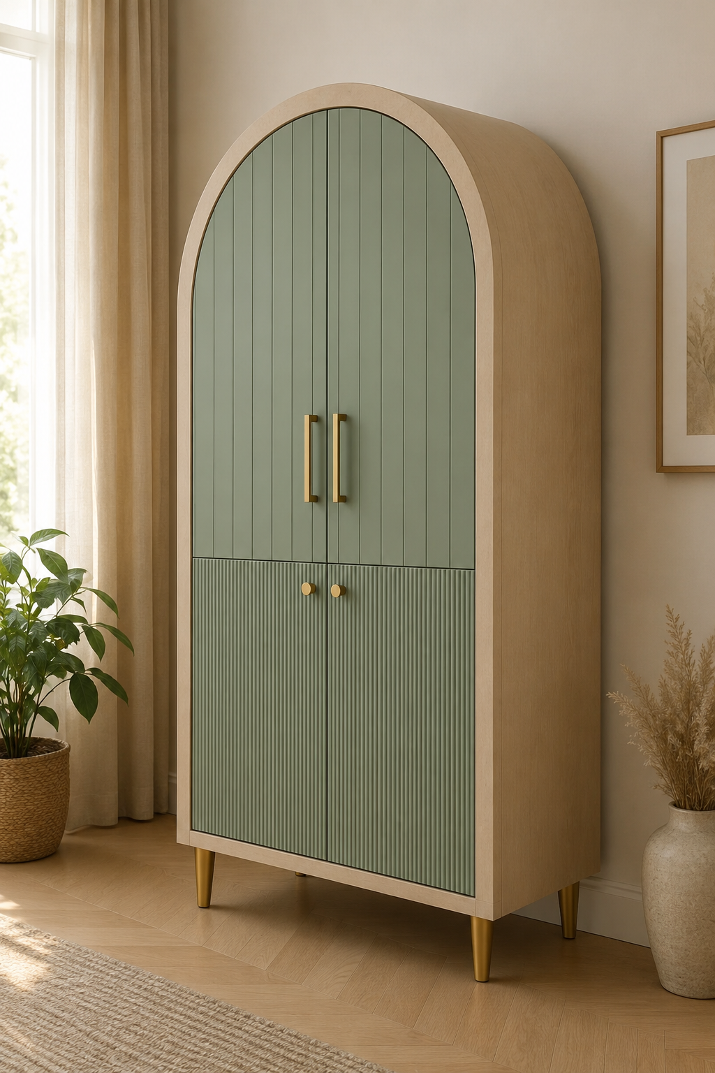 Modern Arched Wooden Wardrobe with Sage Green Doors OUCH CART