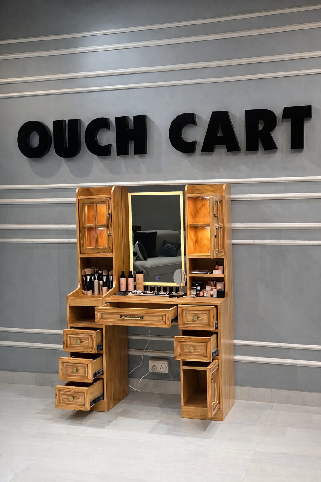 Modern Vanity Desk with 6 Drawers, Touch Control Mirror & Lights, Cabinets, Charging Station, and Hooks