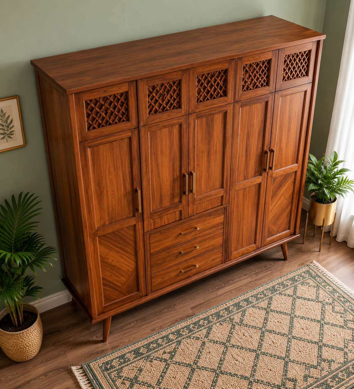 Premium 5 Door Wooden Wardrobe with 3 Drawers | Modern Bedroom Almirah in Walnut Finish | Large Clothes Storage Cabinet