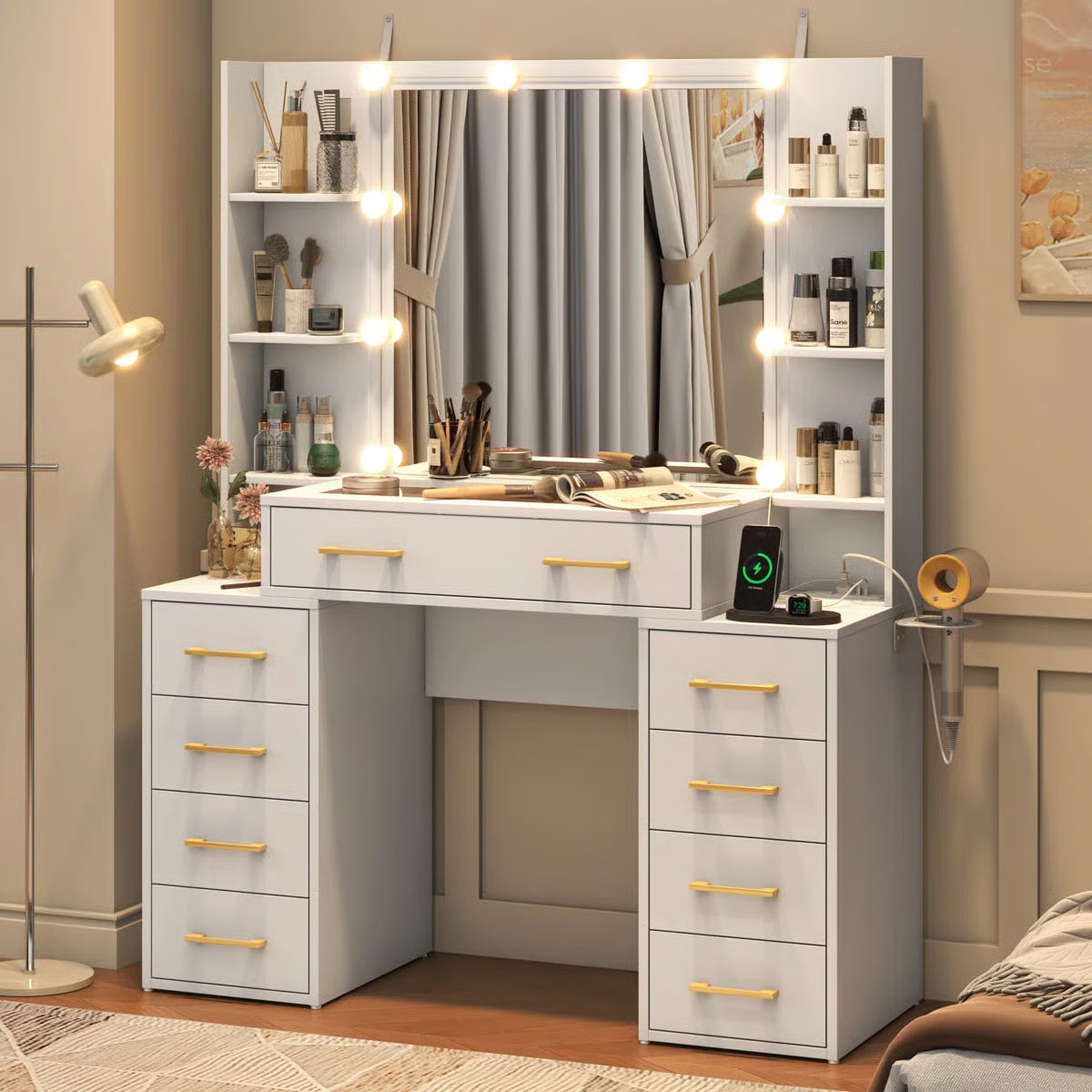 Tempered Glass Vanity Desk with LED Lights, Mirror, and Built-In Charging Station-OUCH CART |Dressing table