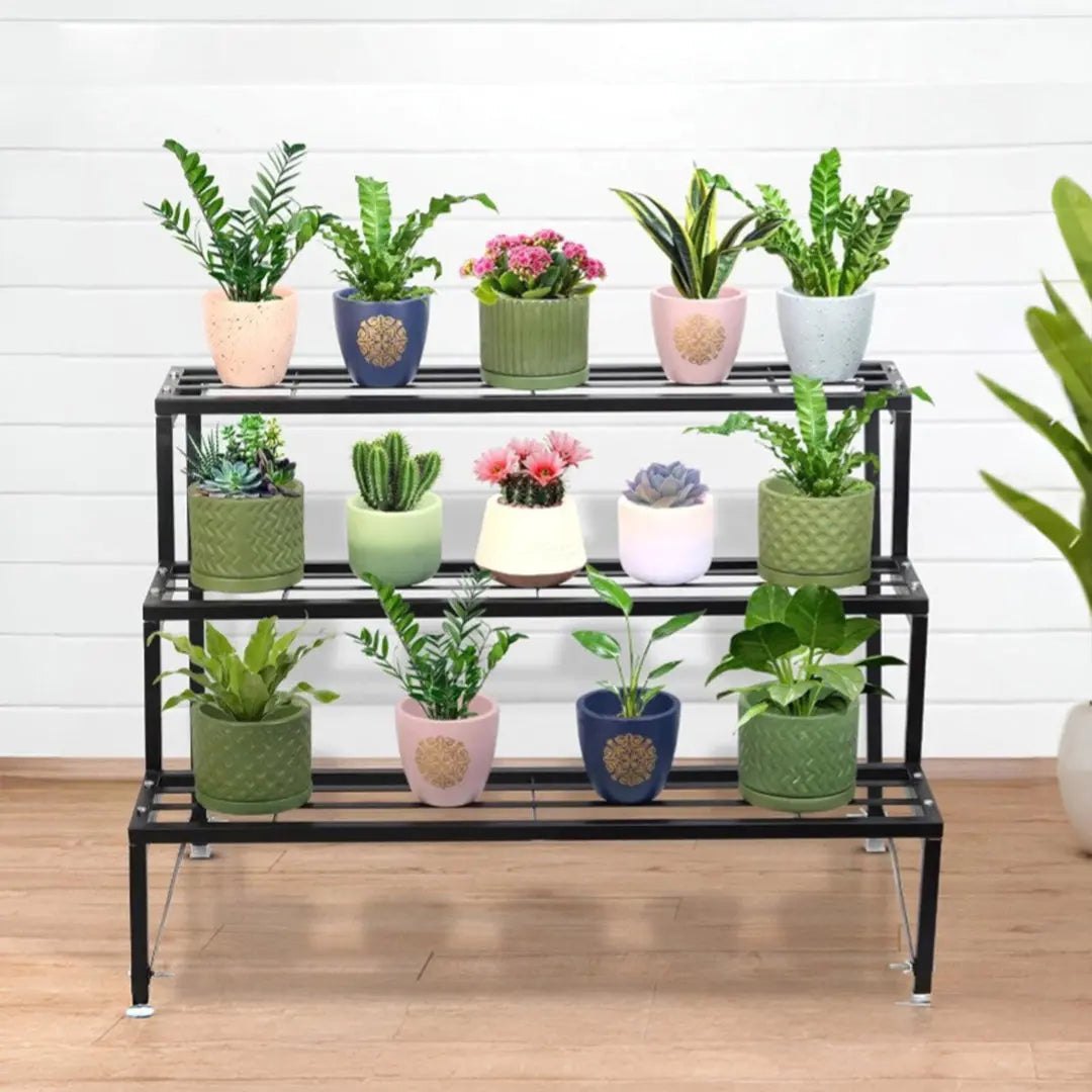 3 Step Stand for Multiple Plants and Pots Stand | Indoor Shelf Holder Rack | Gardening Stand | Indoor Outdoor (Black) Ouch Cart