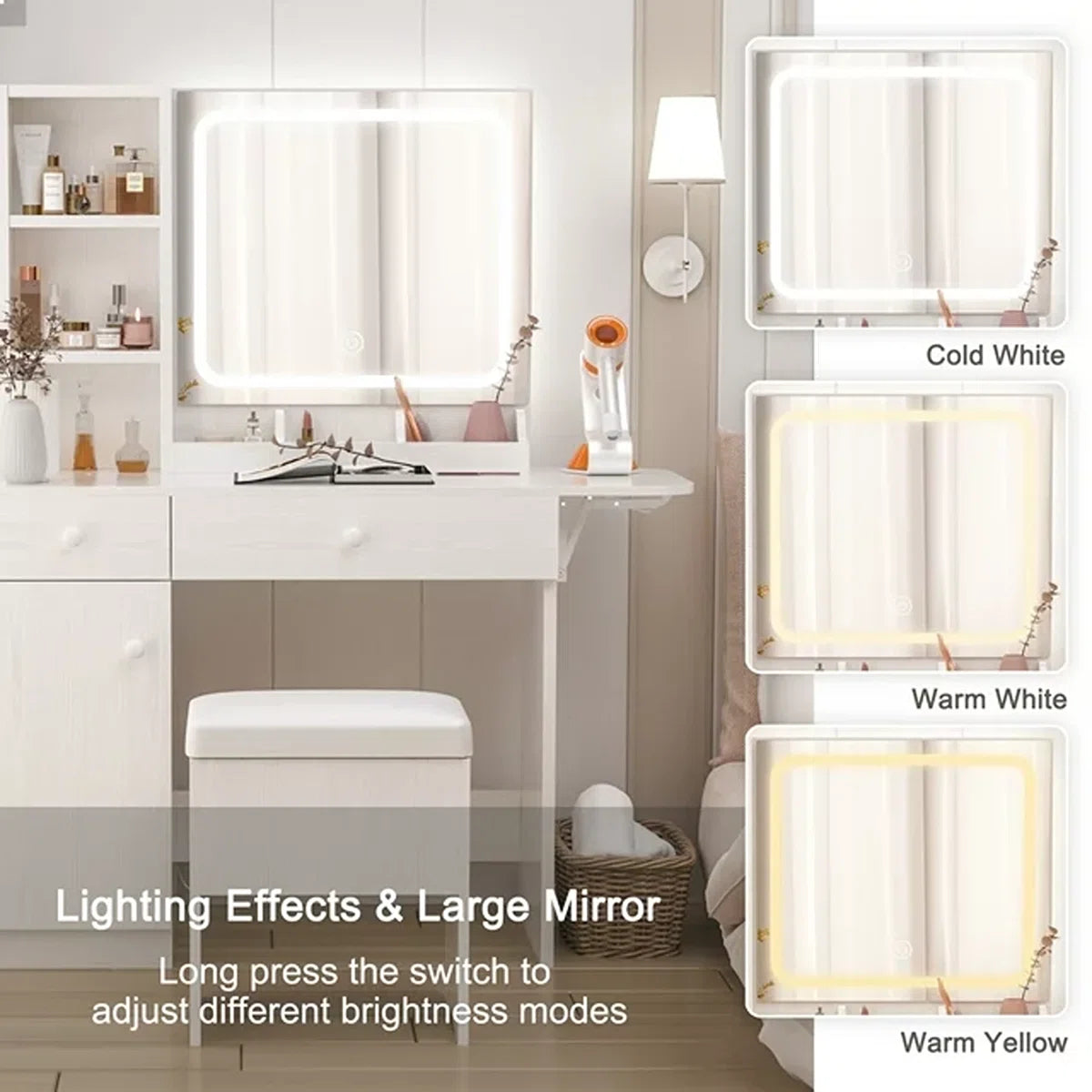 Vanity Desk with LED Lighted Mirror, Power Outlet, 2 Drawers, 3 Cubbies & Bookcase Storage for Bedroom OUCH CART