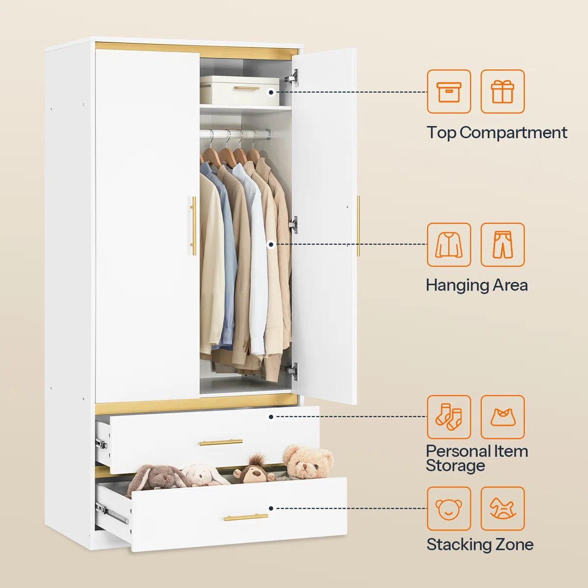 2-Door 66.9" H Armoire Wardrobe – Closet with Hanging Rod & 2 Drawers OUCH CART