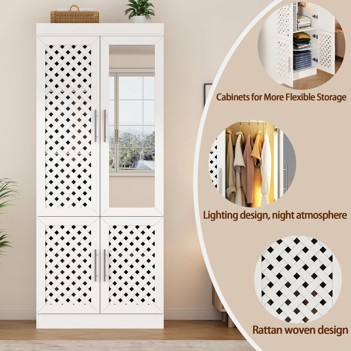 Spacious 75.6'' H Armoire – 3 Woven Doors Wardrobe with Mirror & Sensor Light-OUCH CART | Wardrobe