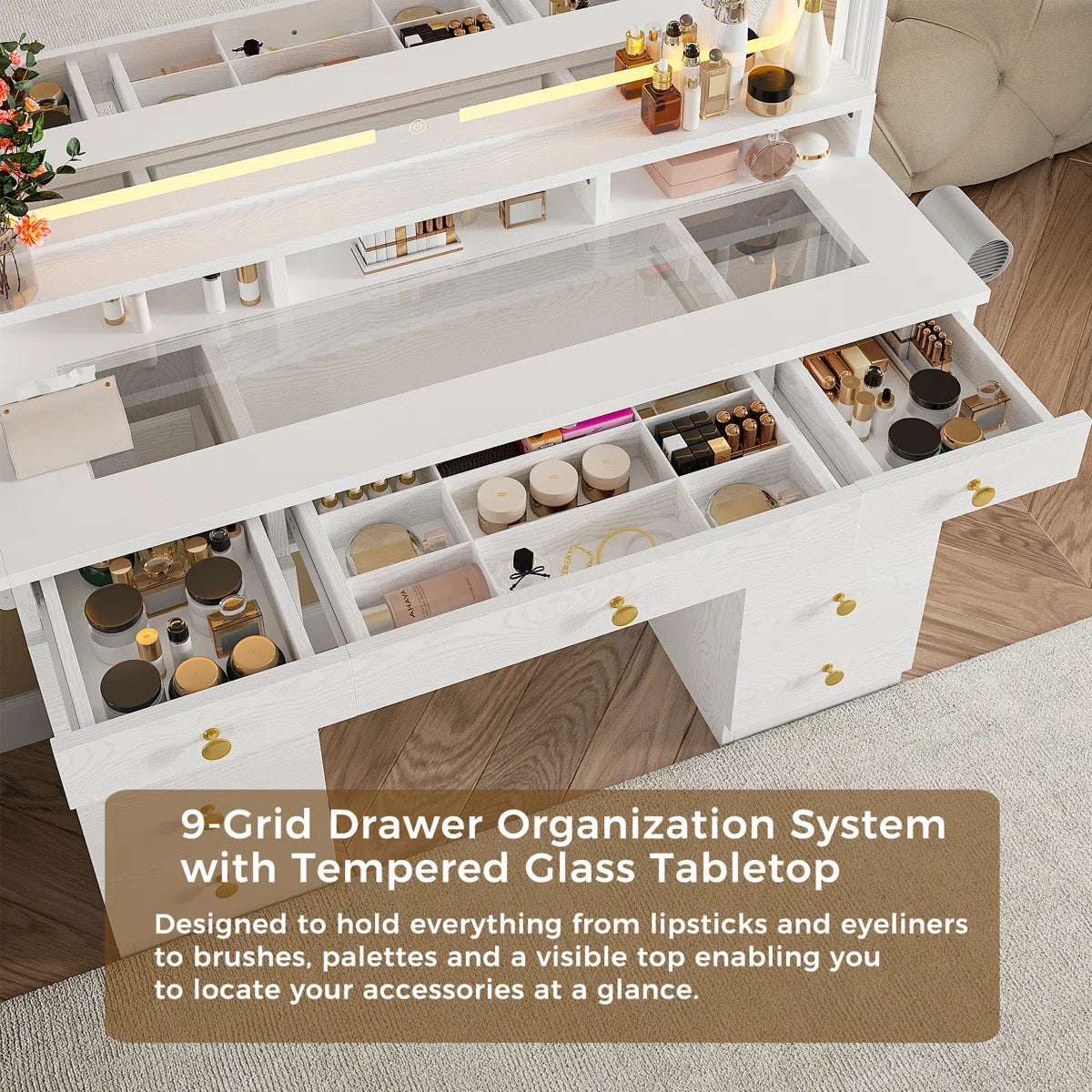 46’’ Makeup Vanity Set with LED Lights, Mirror, Power Outlet, 11 Drawers, and Matching Stool - OUCH CART| Dressing table