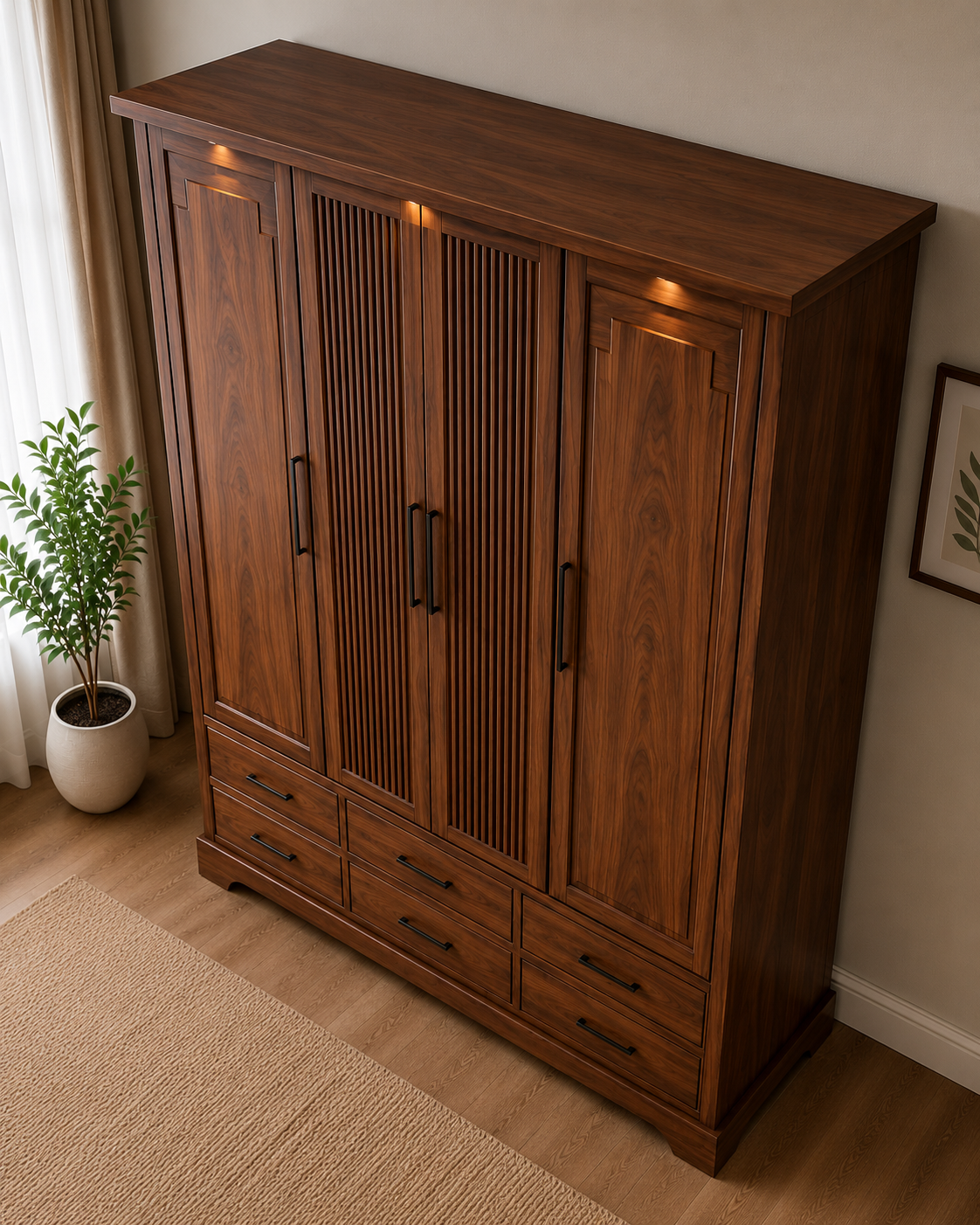 Modern 4 Door Wooden Wardrobe with 6 Storage Drawers