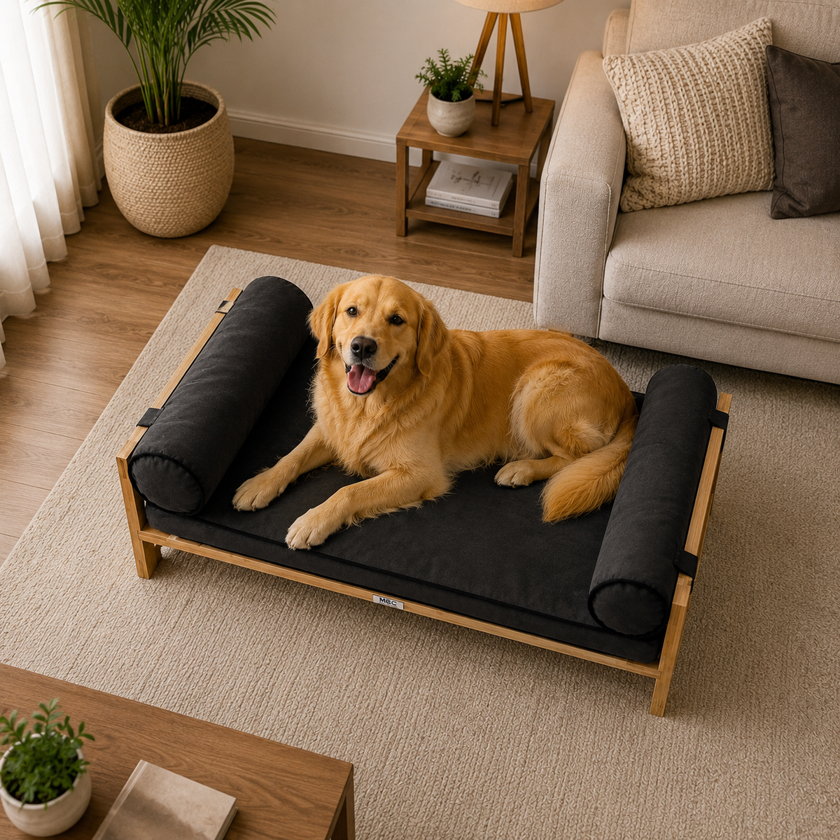 Modern Wooden Dog Bed with Plush Cushion & Bolster Pillows OUCH CART