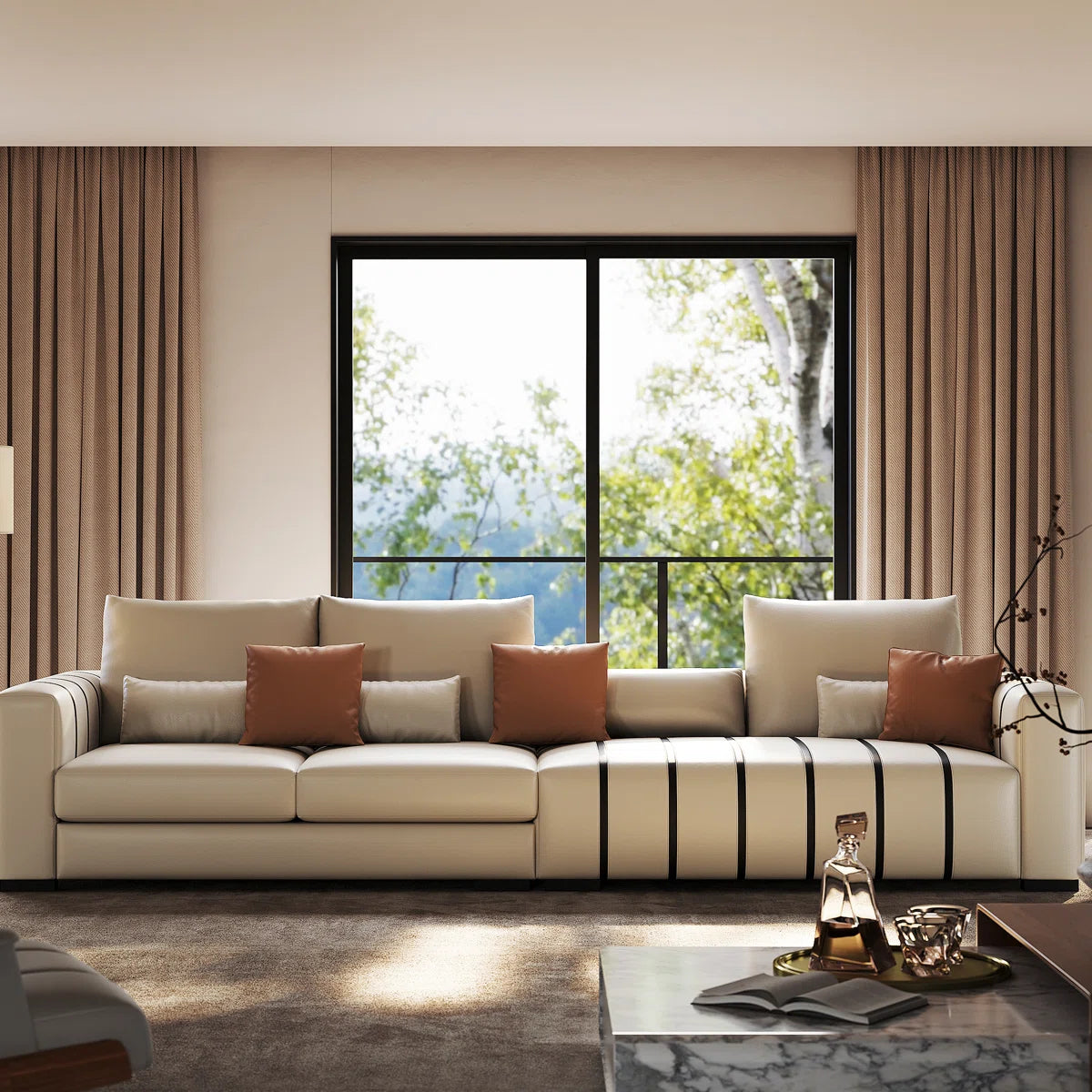 Large Modern Sofa Couch with Pillows, Cream Faux Leather Upholstered Sofa with Solid Wood Frame