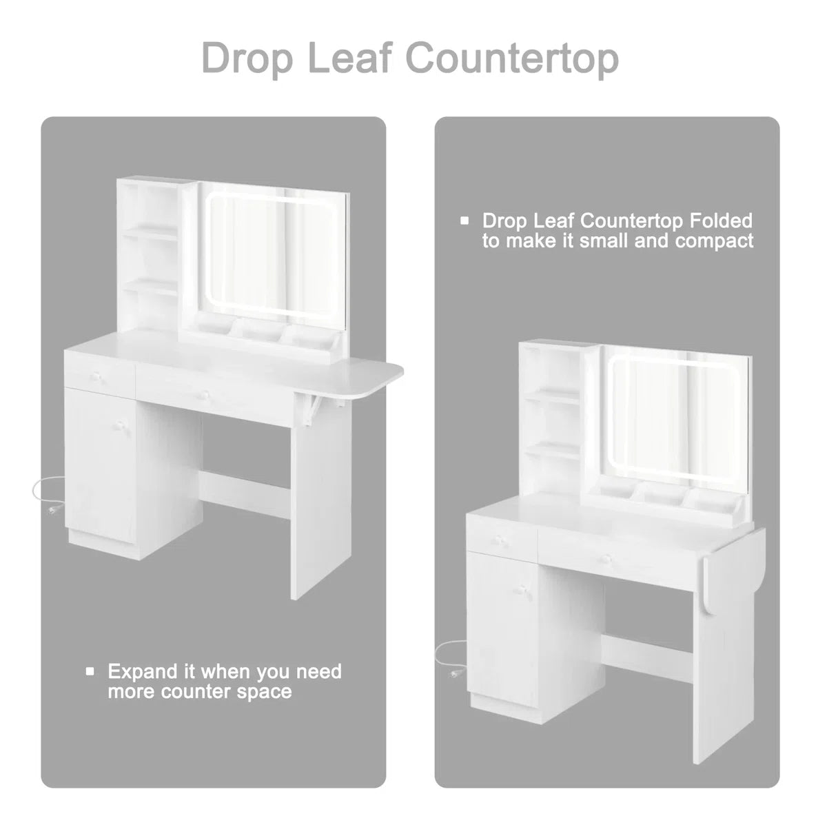 Vanity Desk with LED Lighted Mirror, Power Outlet, 2 Drawers, 3 Cubbies & Bookcase Storage for Bedroom OUCH CART