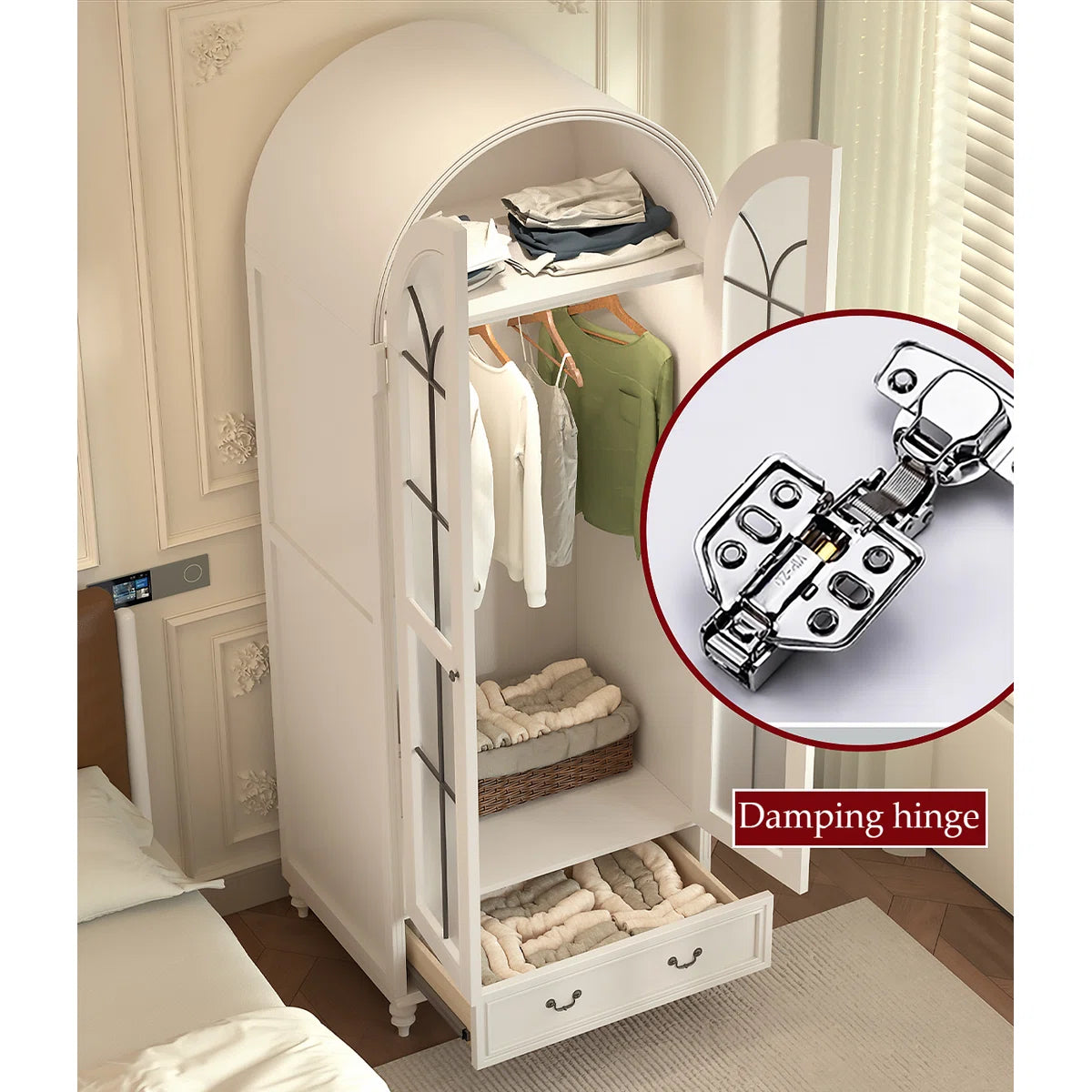 Creamy Retro Oak Arched Wardrobe – Elegant Wooden Bedroom Closet