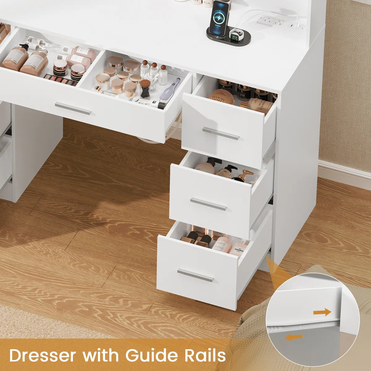 Camyla Large Makeup Vanity Table with LED Mirror, 7 Drawers, 4 Storage Shelves, Jewelry Hooks & Power Outlet