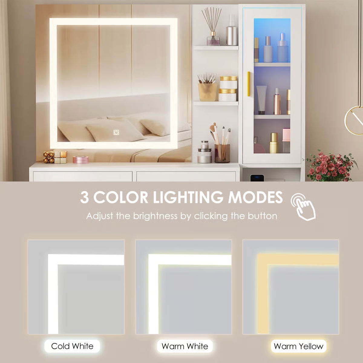 Adriel 51.8" Modern Makeup Vanity with Mirror, LED Lights, and Cabinet Storage