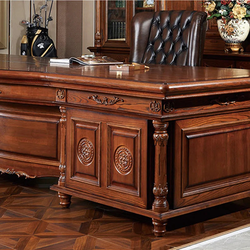 Ouch Cart Luxury Executive Writing Desk | Extra-Wide Carved Wooden Office Table with Antique Brass Details