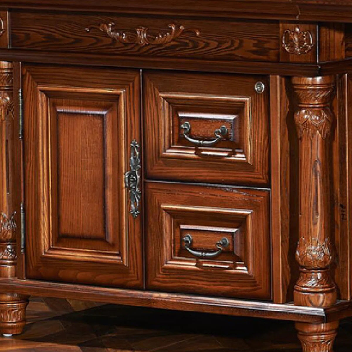 Ouch Cart Luxury Executive Writing Desk | Extra-Wide Carved Wooden Office Table with Antique Brass Details