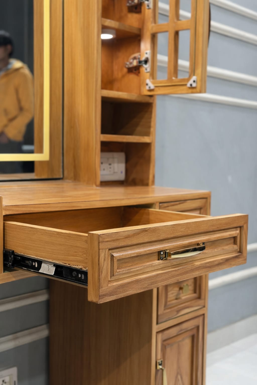Modern Vanity Desk with 6 Drawers, Touch Control Mirror & Lights, Cabinets, Charging Station, and Hooks OUCH CART
