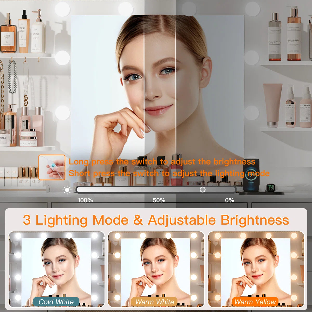 Camyla Large Makeup Vanity Table with LED Mirror, 7 Drawers, 4 Storage Shelves, Jewelry Hooks & Power Outlet-OUCH CART | dressing tables