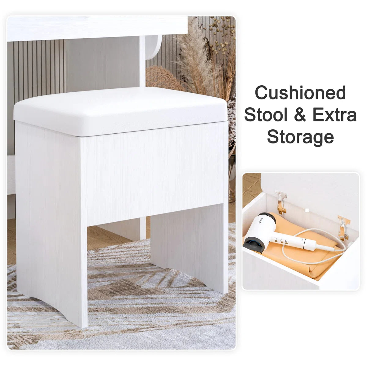 Vanity Desk with LED Lighted Mirror, Power Outlet, 2 Drawers, 3 Cubbies & Bookcase Storage for Bedroom OUCH CART