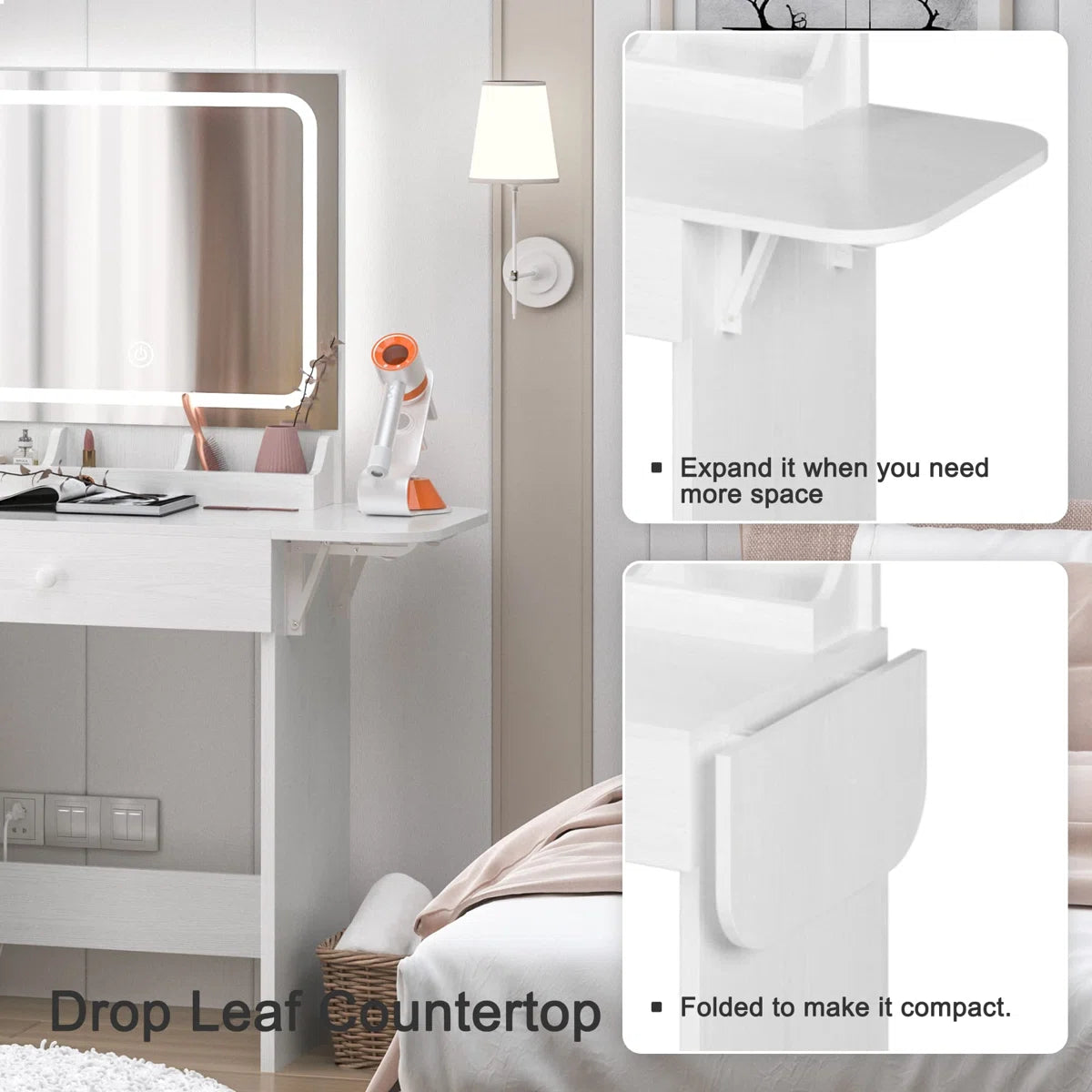 Vanity Desk with LED Lighted Mirror, Power Outlet, 2 Drawers, 3 Cubbies & Bookcase Storage for Bedroom OUCH CART