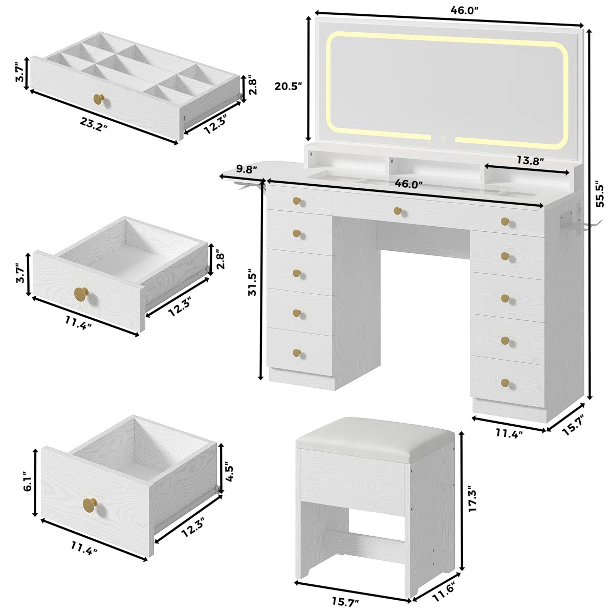Makeup Vanity Set with Mirror, Power Outlet, 11 Drawers, and Matching Stool