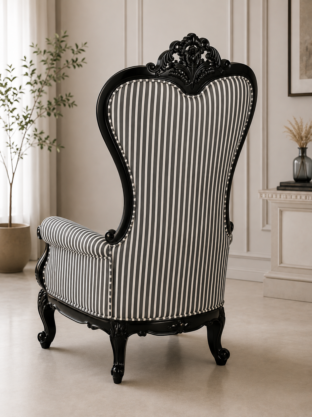 Baroque Carved Wooden Armchair with Black & White Striped Upholstery | High Back Accent Chair OUCH CART