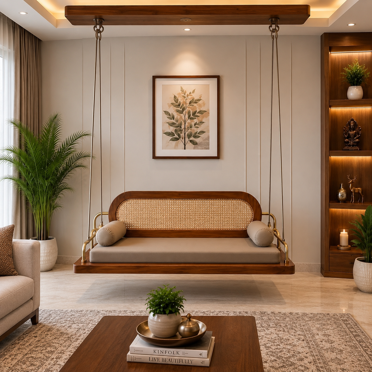 Solid Wood Swing Chair with Cane Backrest | Premium Wooden Jhula for Living Room