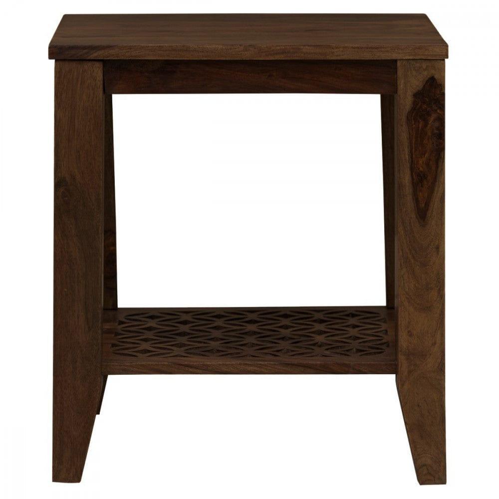 Carved net Side Table in Walnut Finish - Ouch Cart