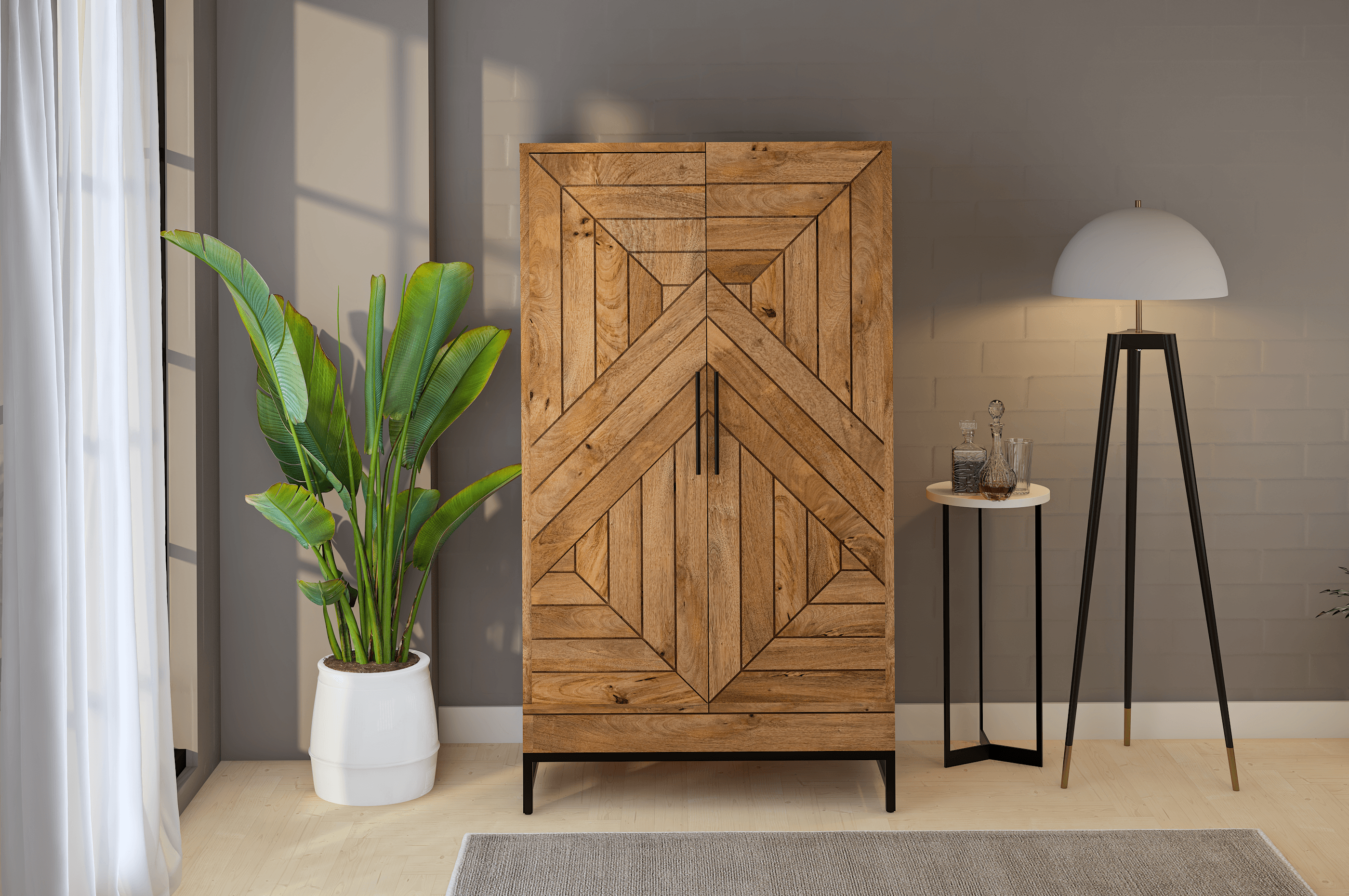 Glint Bar Mango Wood Cabinet in Natural Finish - Ouch Cart