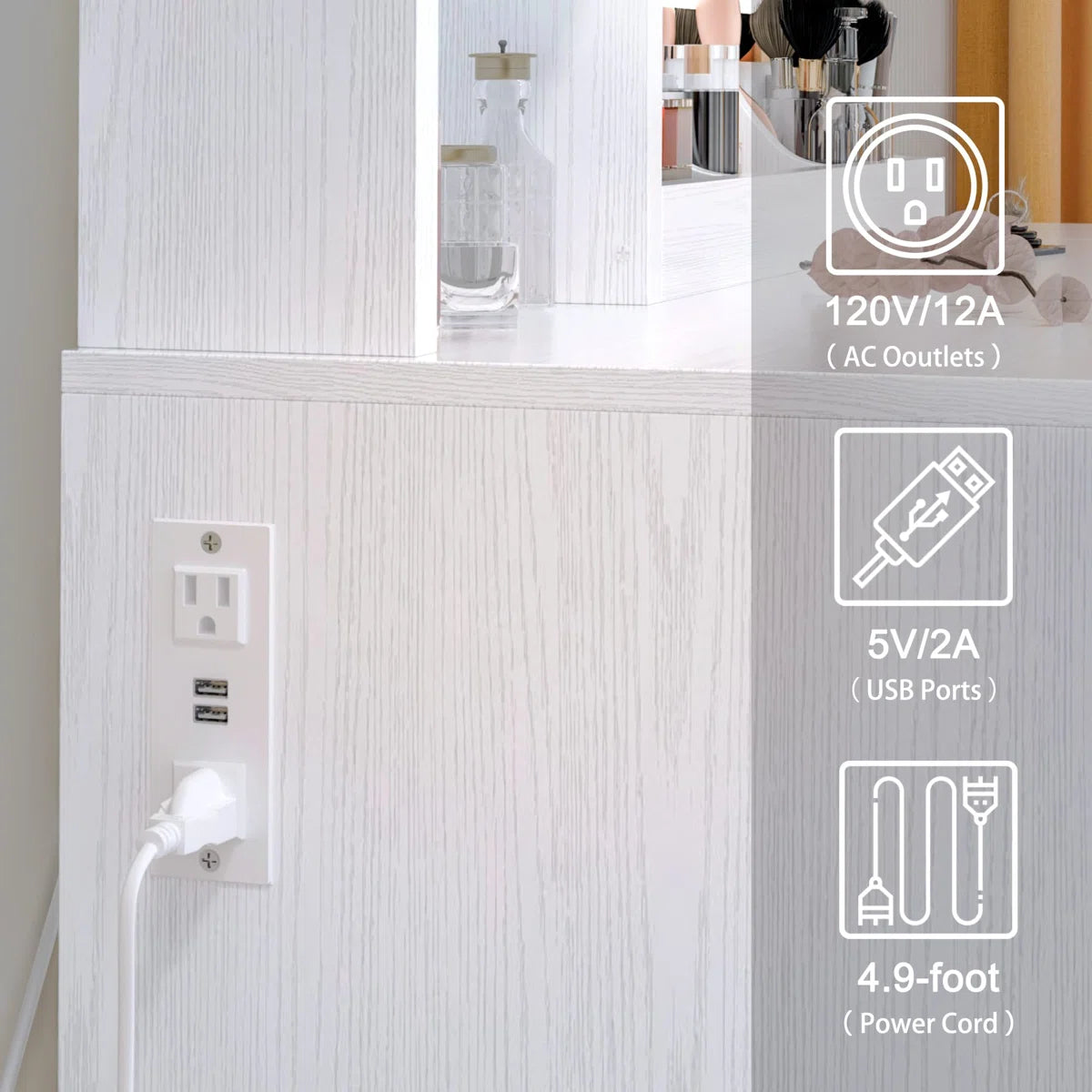 Vanity Desk with LED Lighted Mirror, Power Outlet, 2 Drawers, 3 Cubbies & Bookcase Storage for Bedroom OUCH CART