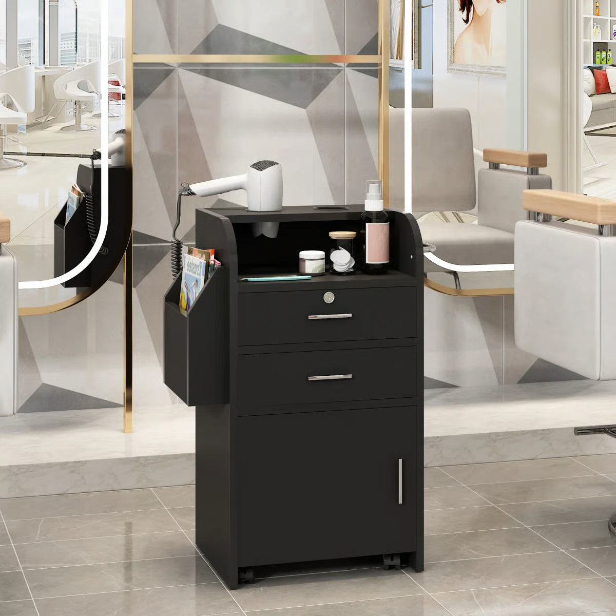 17.75" Modern Italian Beauty Storage Cabinet – Hairdressing Cart with 2 Hair Dryer Holders, Black- OUCH CART | Dressing table