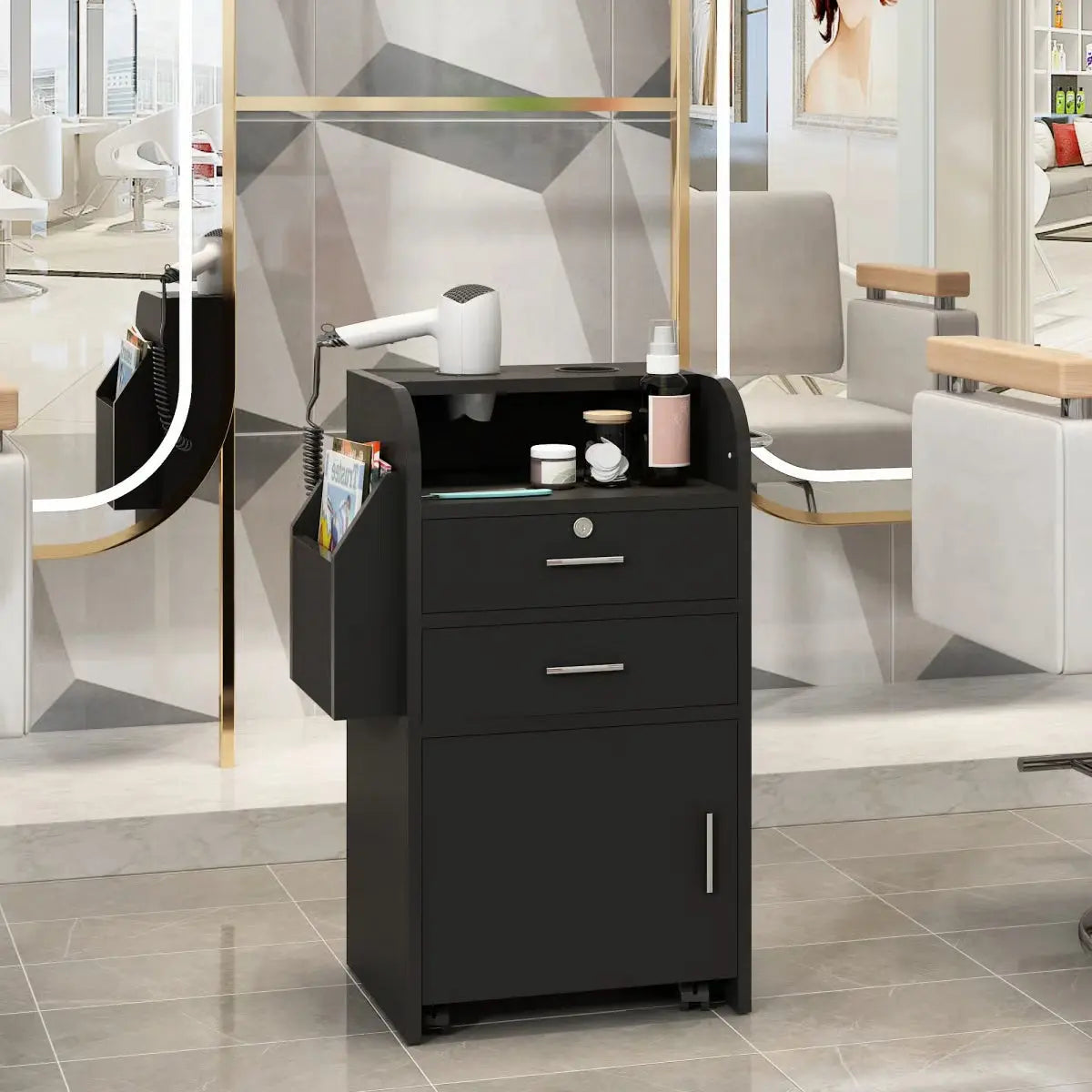 17.75" Modern Italian Beauty Storage Cabinet – Hairdressing Cart with 2 Hair Dryer Holders, Black- OUCH CART | Dressing table