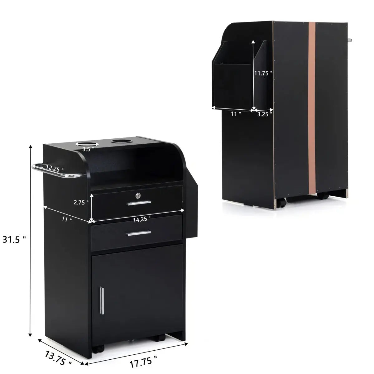 17.75" Modern Italian Beauty Storage Cabinet – Hairdressing Cart with 2 Hair Dryer Holders, Black- OUCH CART | Dressing table