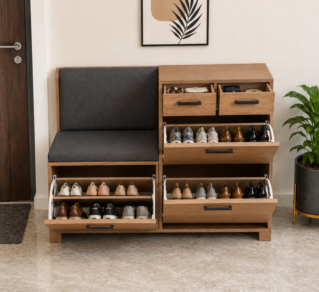 Modern Wooden Shoe Storage Cabinet with Cushioned Bench Seat | Entryway Shoe Organizer with Soft-Close Drawers & Matte Black Handles Ouch Cart