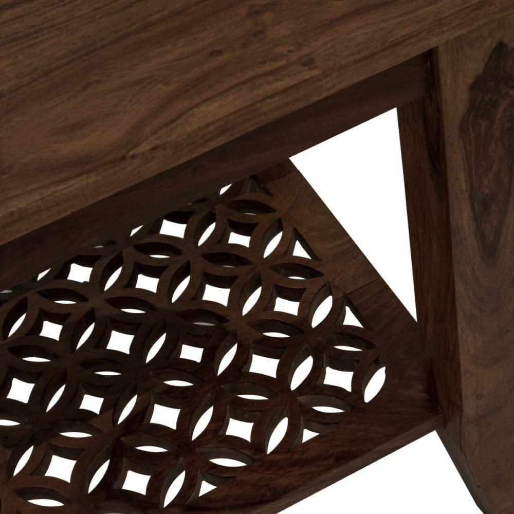 Carved net Side Table in Walnut Finish - Ouch Cart