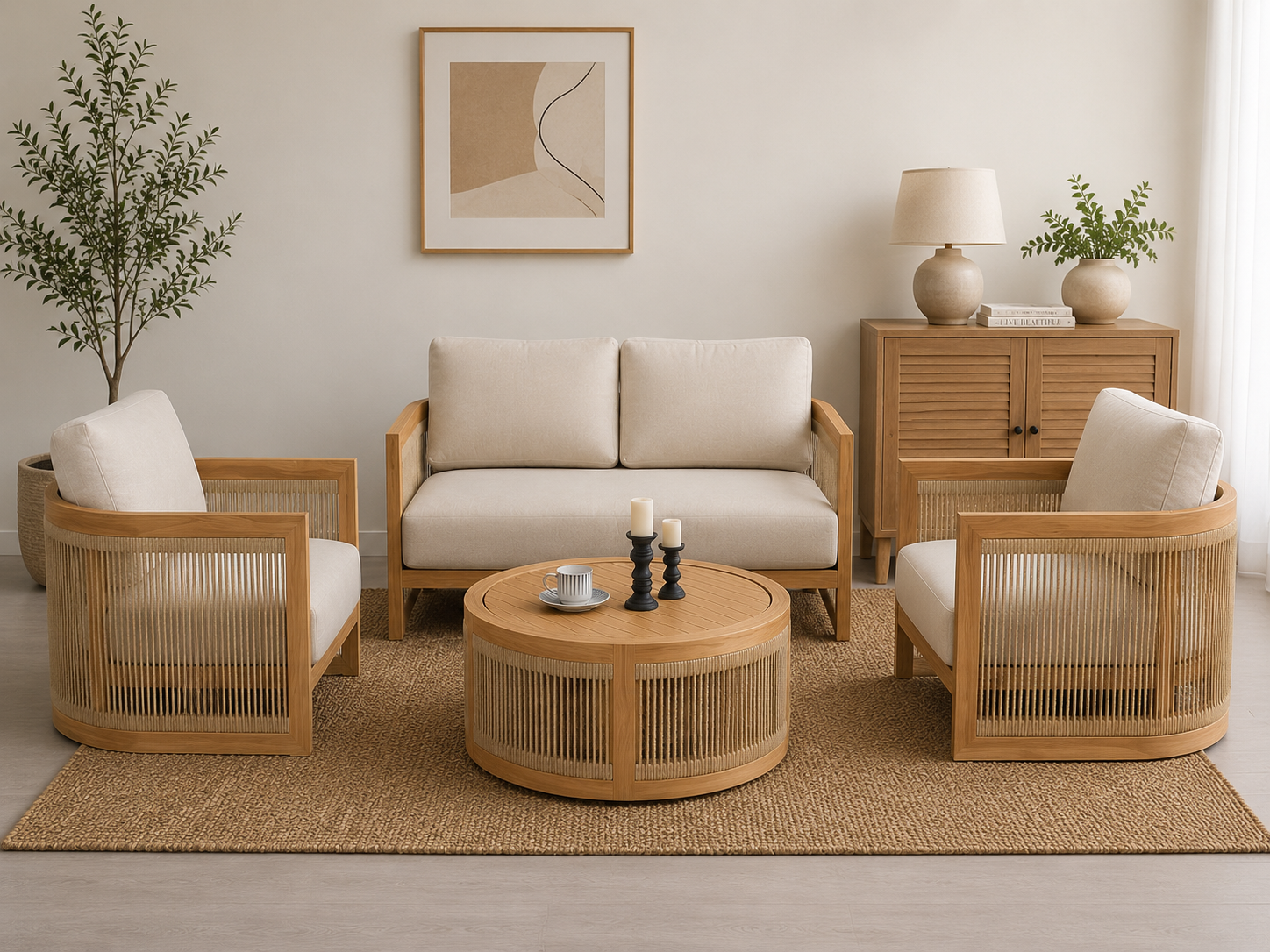 Modern Wooden Cane Accent Chair | Solid Wood Single Seater Sofa | Upholstered Lounge Chair for Living Room